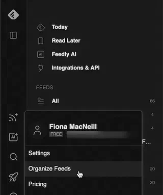 Feedly account options - Organize Feeds is selected