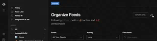Feedly OPML export arrow is shown