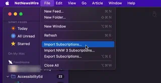 NetNewsWire top menu, file, then import subscriptions option
