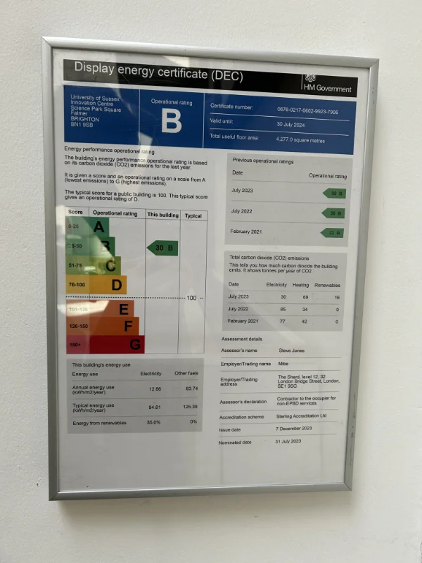 The latest display energy certificate mounted on the wall at Sussex Innovation Centre, B rating based on an assessment in 2023.